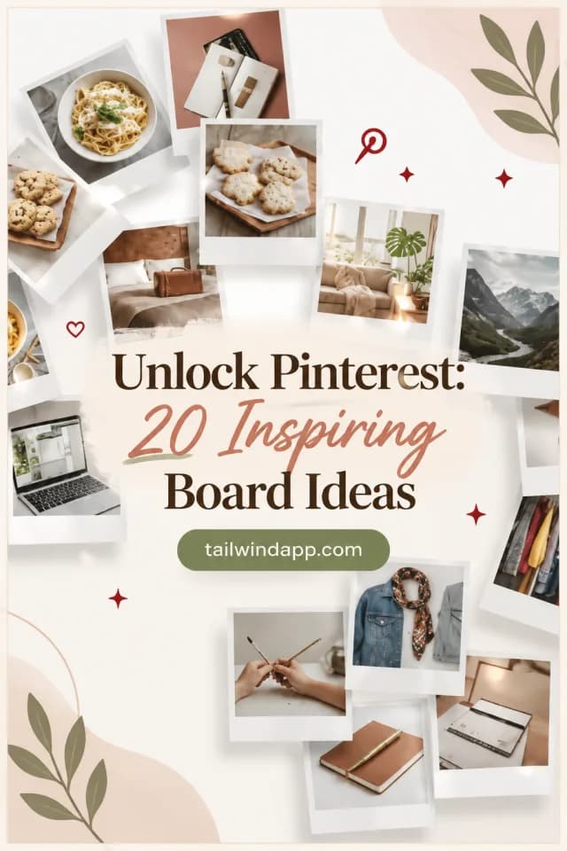 Tailwind Pin draft 2: Scattered polaroid photos framing the headline Unlock Pinterest: 20 Inspiring Board Ideas